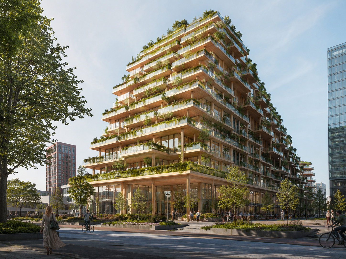AI-gegenereerd sfeerbeeld van een houten woontoren met groene terrassen