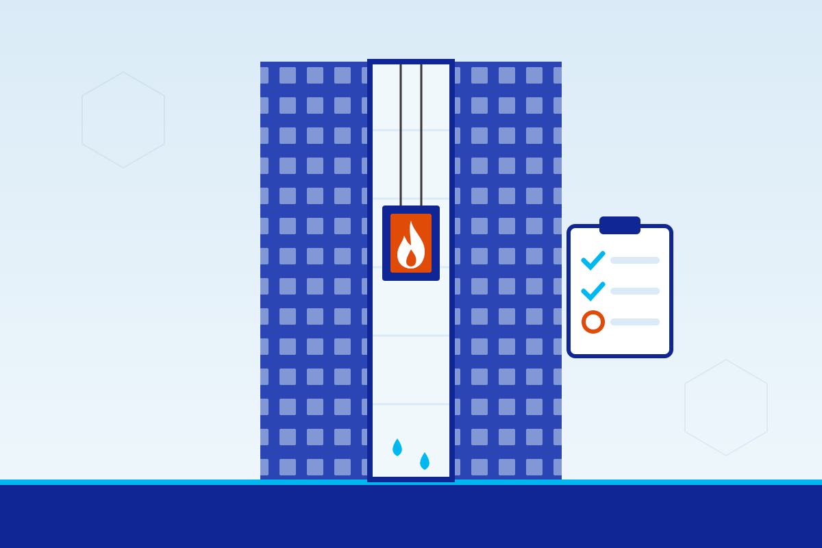 Illustratie van een hoog gebouw met opengewerkte liftschacht, een liftkooi met brandsymbool en een keuringschecklist