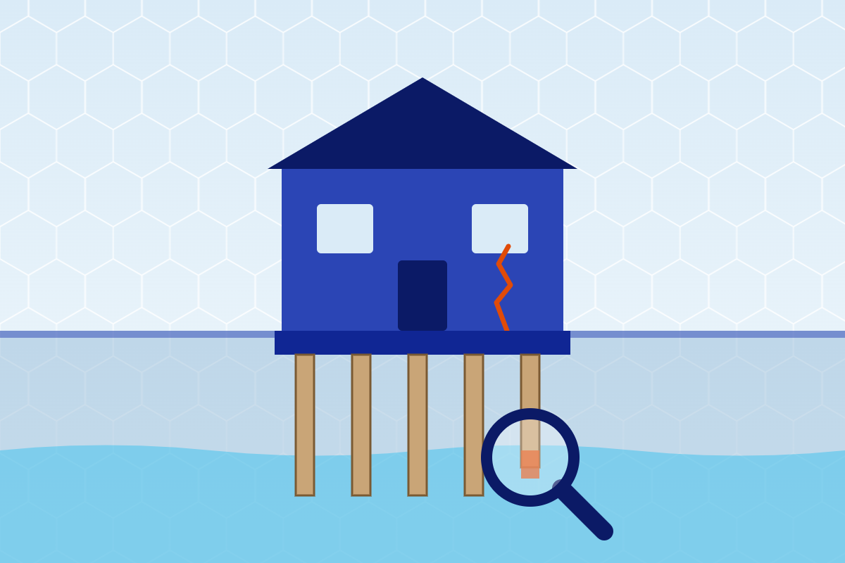 Illustratie van een woning op houten funderingspalen met een scheur in de gevel en een vergrootglas bij een aangetaste paal