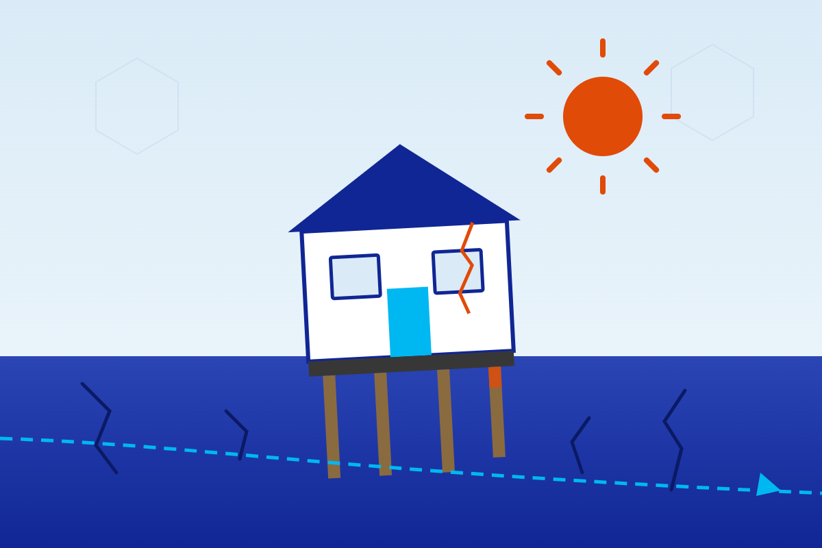 Illustratie van een scheefgezakte woning met houten funderingspalen in uitgedroogde grond onder een felle zon