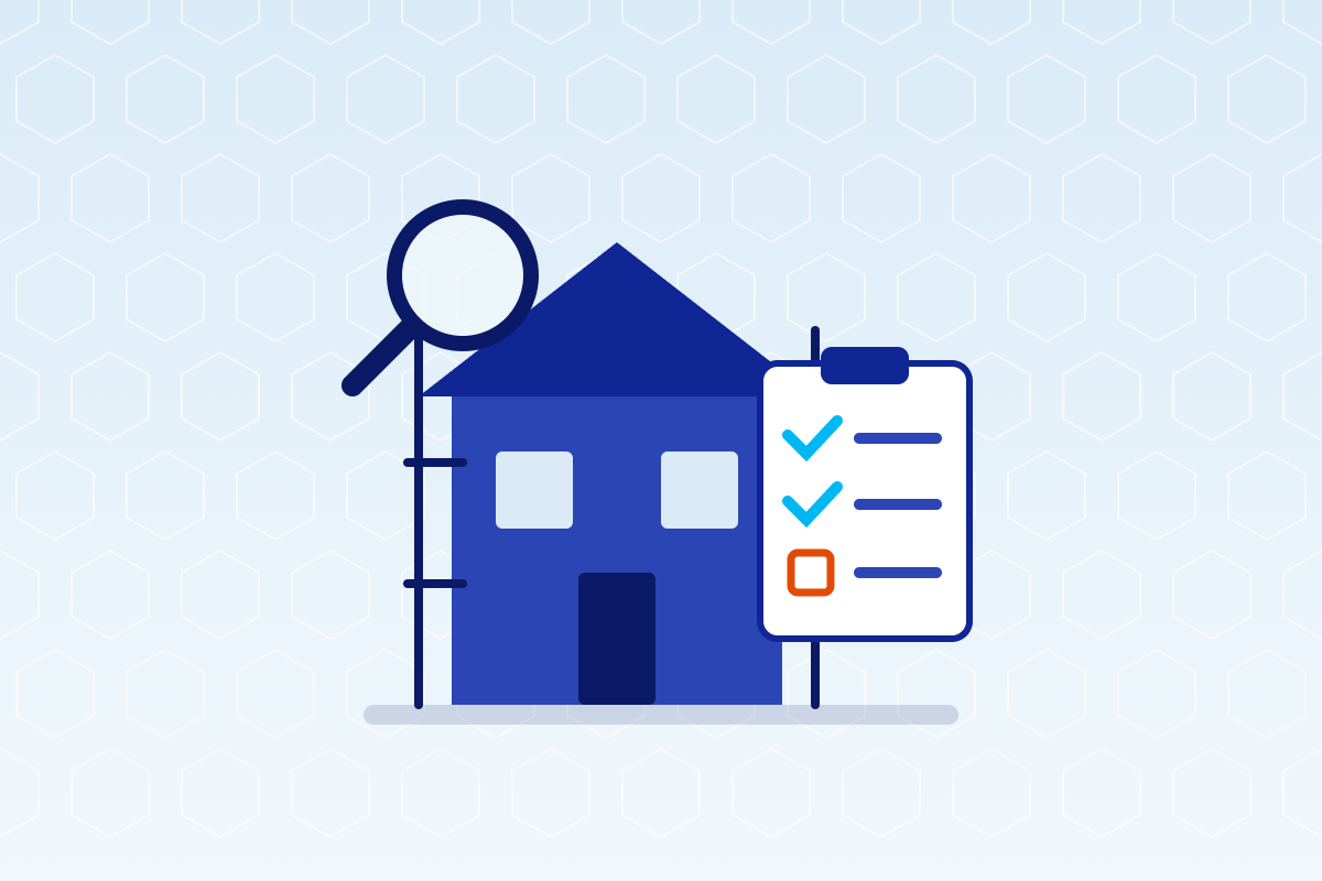 Illustratie van een woning in aanbouw met checklist en vergrootglas