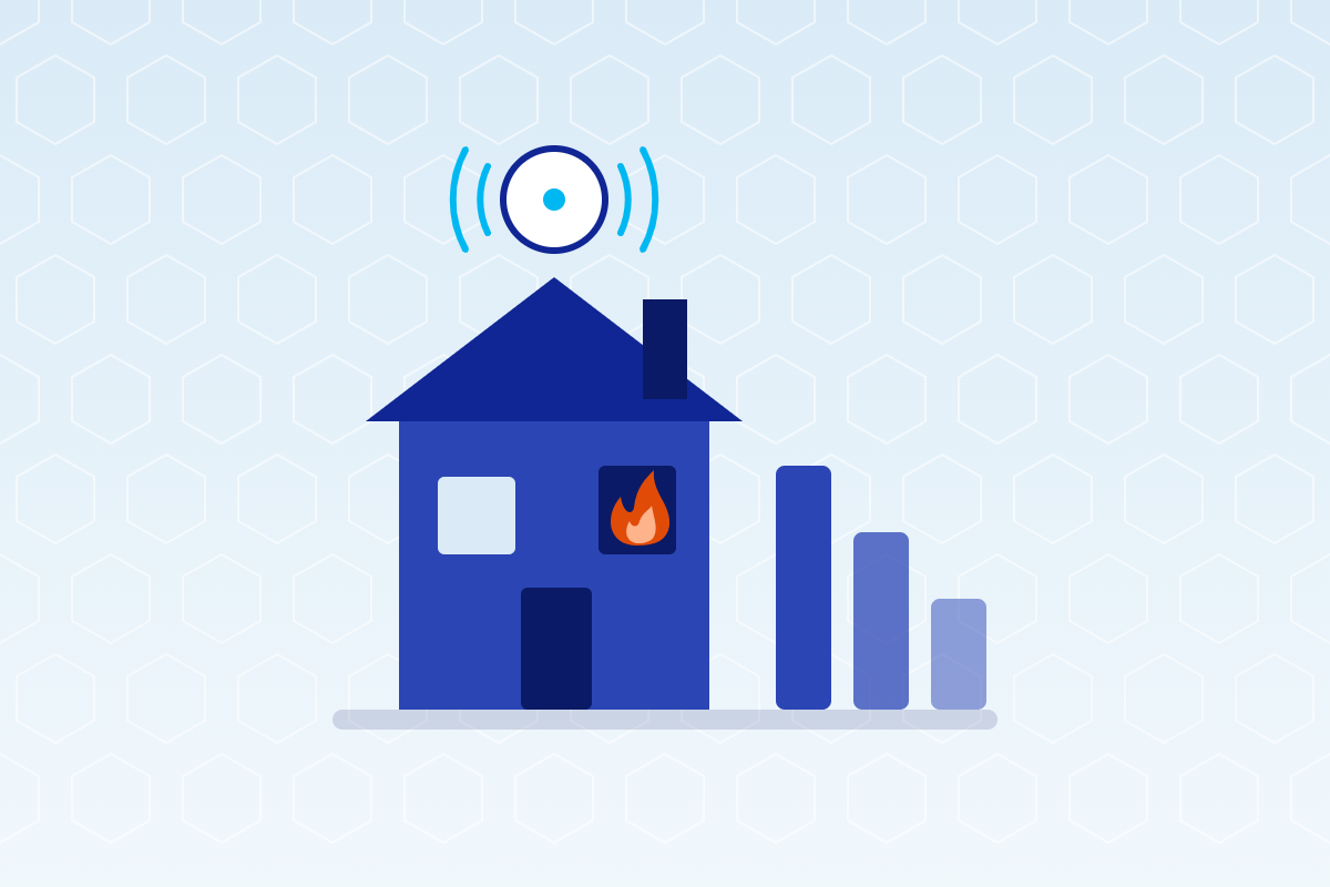 Illustratie van een woning met een vlam achter het raam, een rookmelder en een staafdiagram